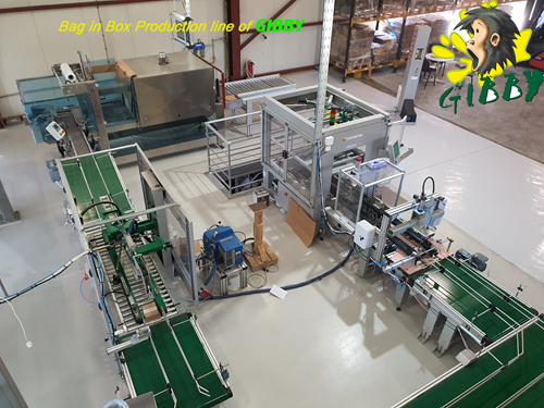 The Gibby Bag-in-Box production line in Boboshevo, filling, conveyors, and palletising stations